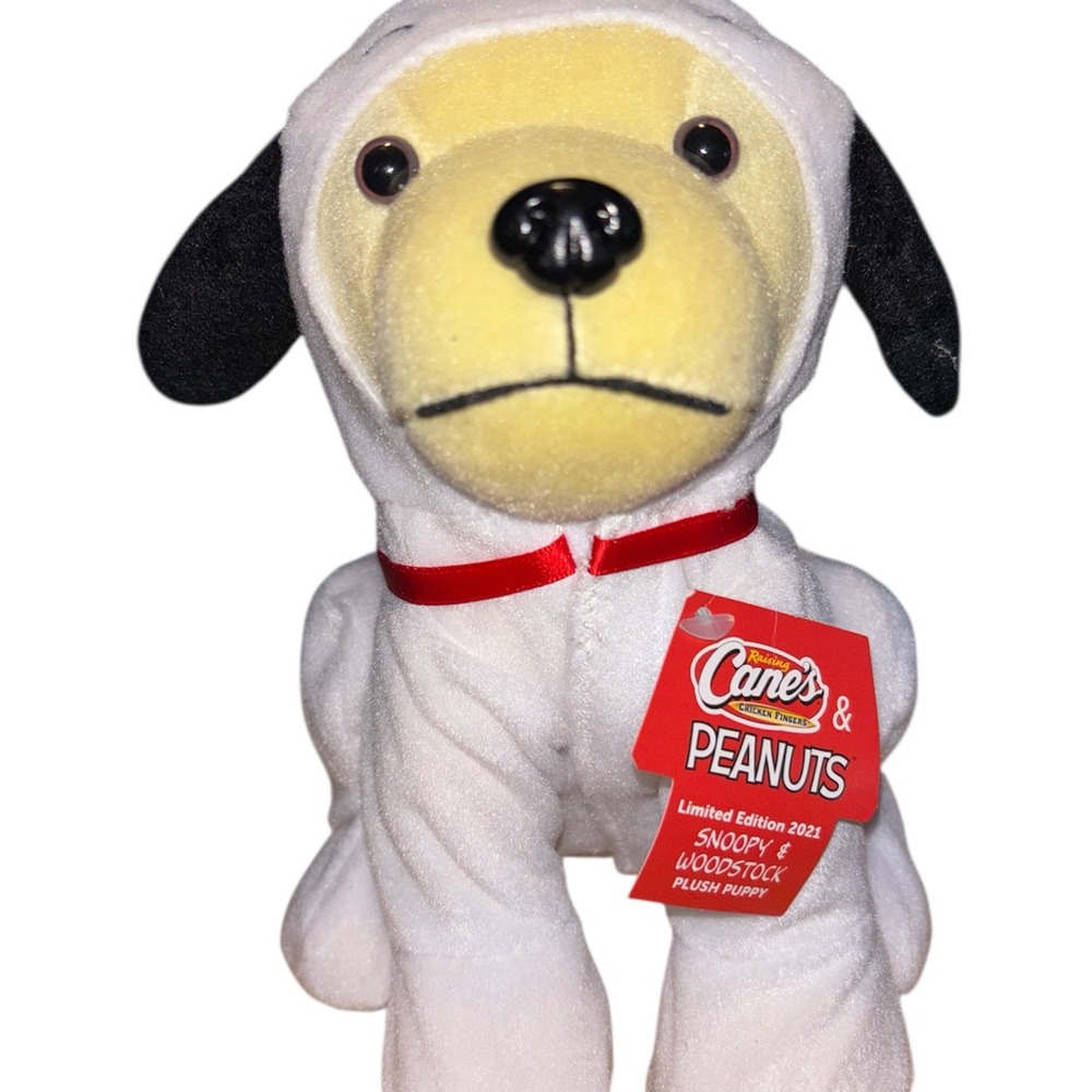 White and Black Plush Dog Toy with Red Collar